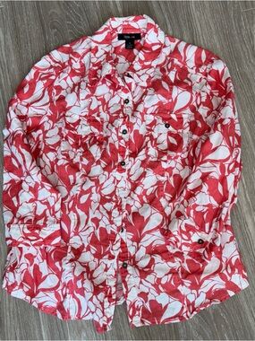 Style & Co. Coral-Red and White Floral Linen Button-Front Shirt
